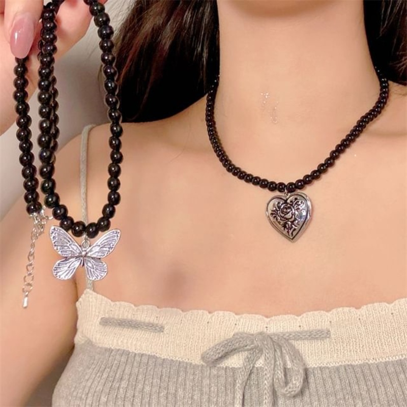 Necklace Beaded Pendant Metallic