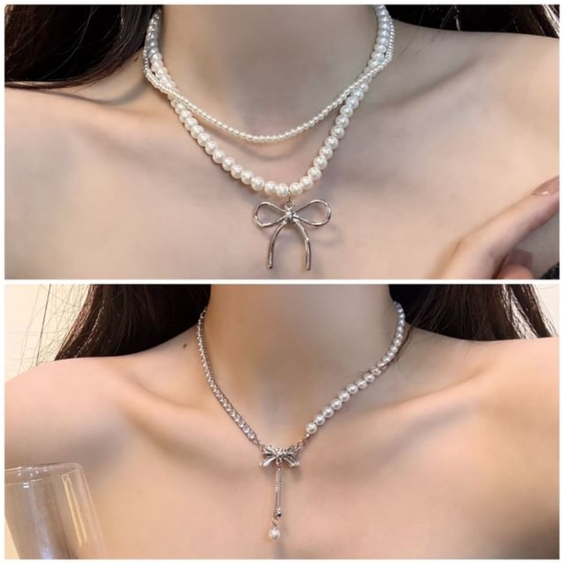 Pendant Necklace Pearl Bow Faux