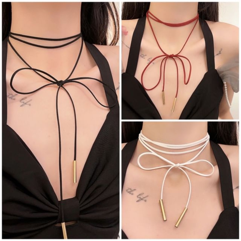 String Bow Layered Necklace|Black|White|Wine Red|One Size
