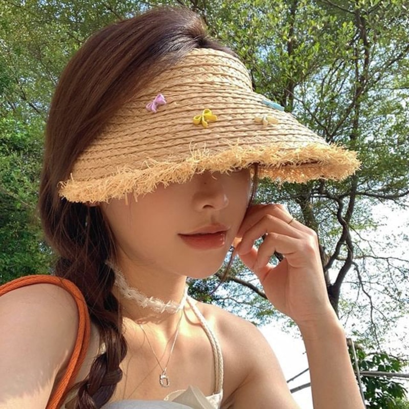 Sun Bow Fringed Straw Hat|Beige|Khaki|M