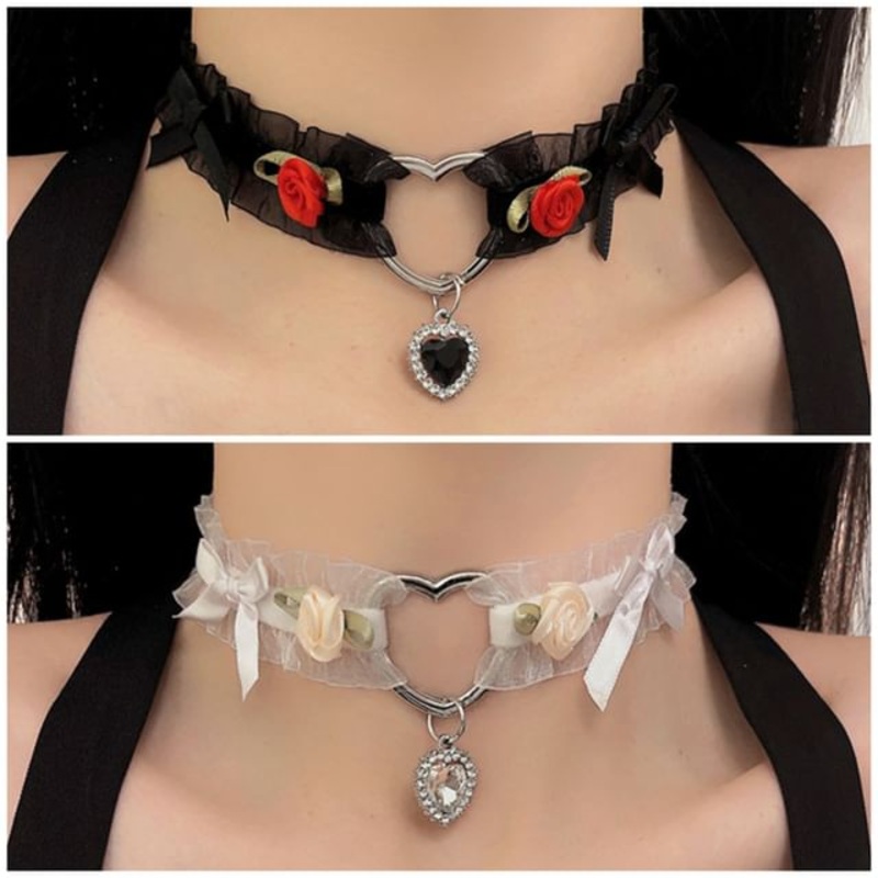 Tulle Pendant Choker Heart Rose Bow