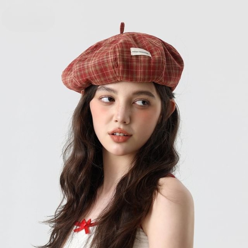 Applique Beret Plaid|Black|Dark Green|Red|Yellow|One Size