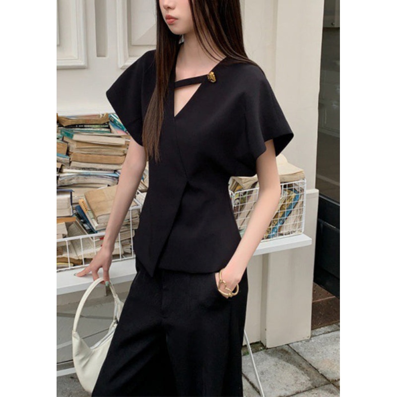 Black Solid V Neck Summer Shirt Spandex French
