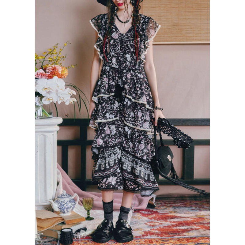 Black Waist French Summer V Dresses Print High Neck Chiffon Long