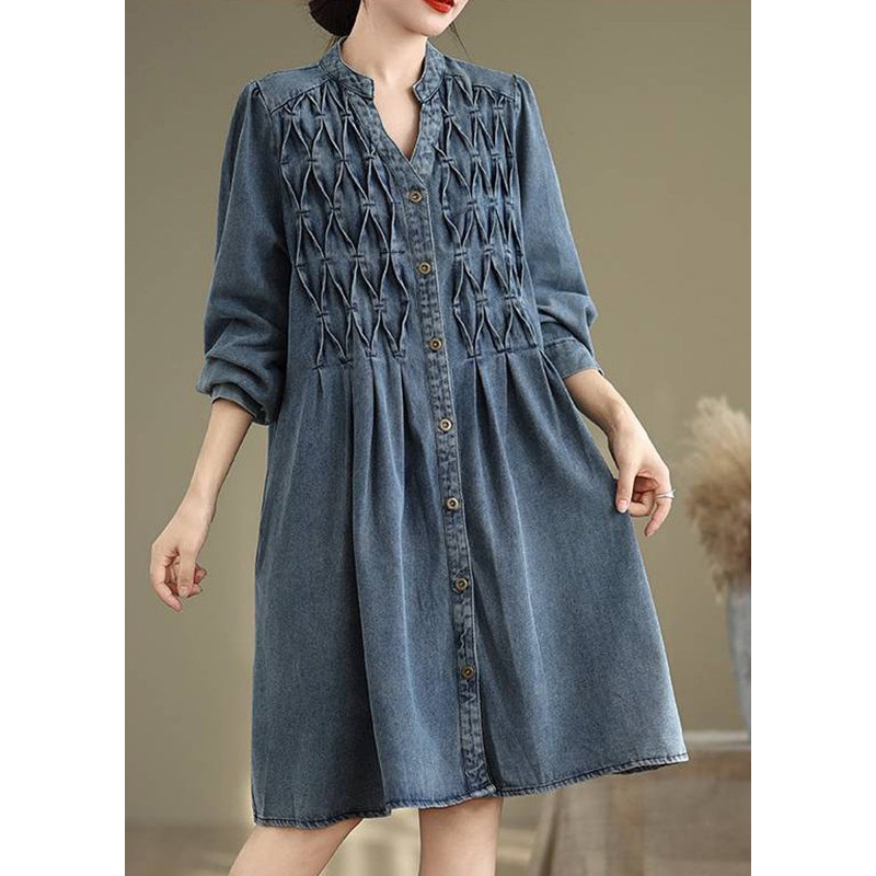 Button Casual Long Blue Sleeve Lantern Collar Stand Dress