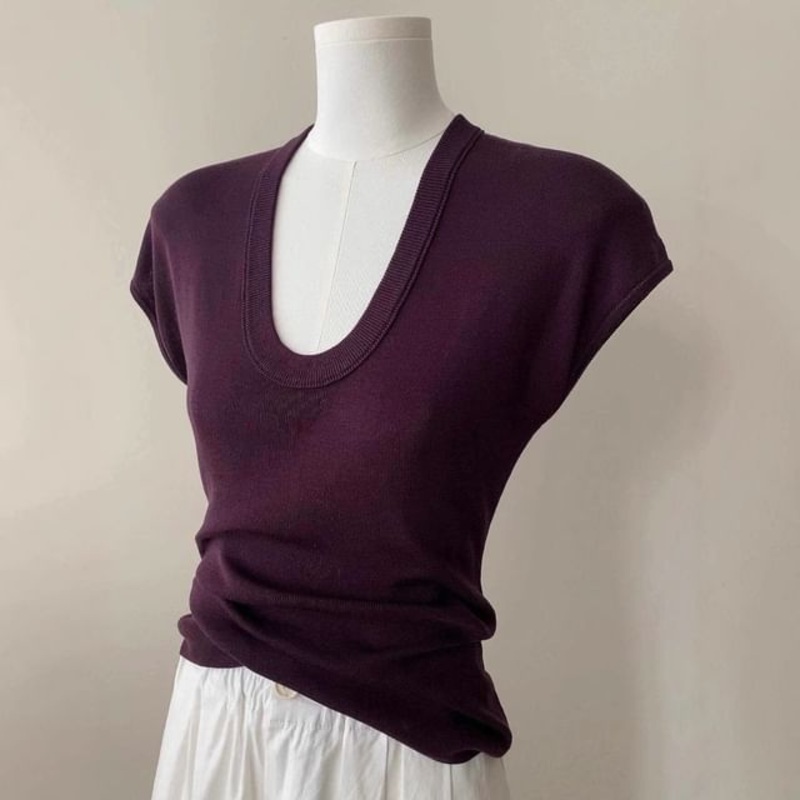 Cap-Sleeve Slim Top Fit Knit Neck Scoop Plain