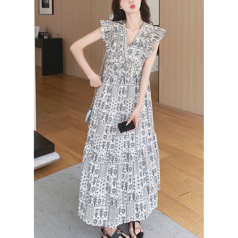 Cotton Long Summer Print Dresses Italian Neck V