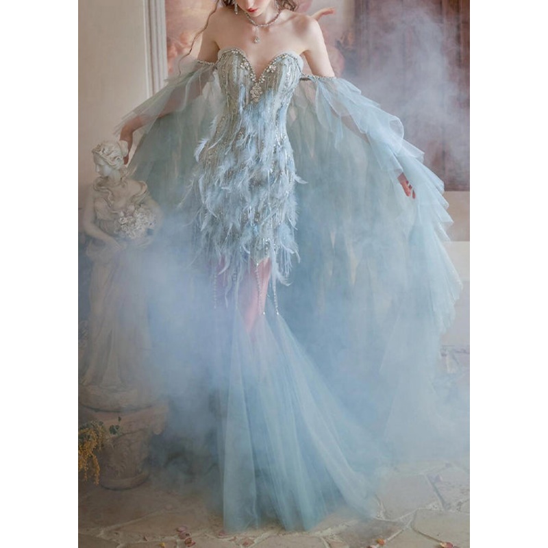Dress Feather And Blue Handmade Tulle Two Pieces Zircon Cape Set