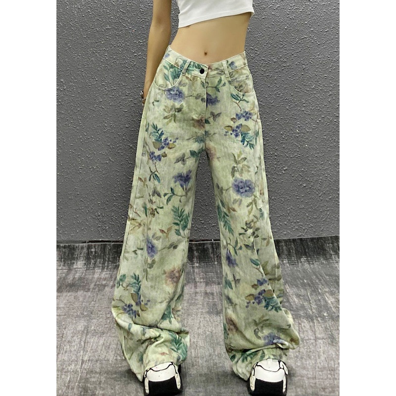 Green Waist Summer Denim Stylish High Pants Print