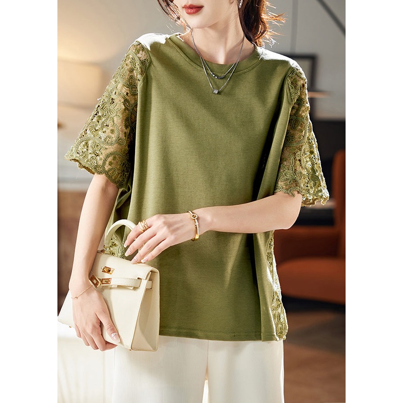 Hollow Patchwork Out Shirts Lace Green Loose T Summer