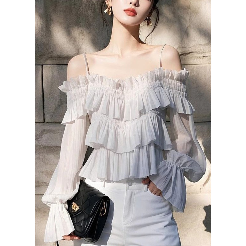 Light Chiffon Butterfly New Sleeve Blouses Grey Solid Ruffled