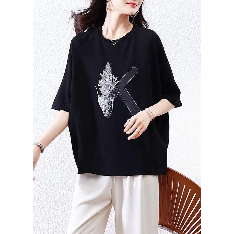 Loose Shirt O-Neck Half Black Print T Sleeve Cotton