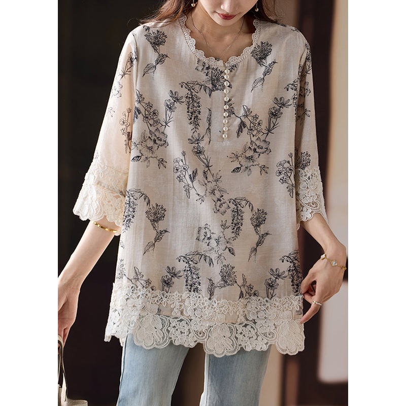 Side Blouses Loose Patchwork Open Cotton Lace Print Bracelet