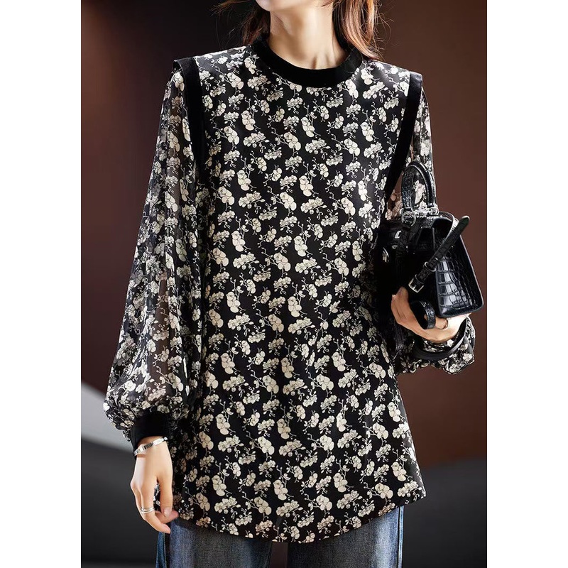 Stylish Black Fall Print Blouse Chiffon O Neck