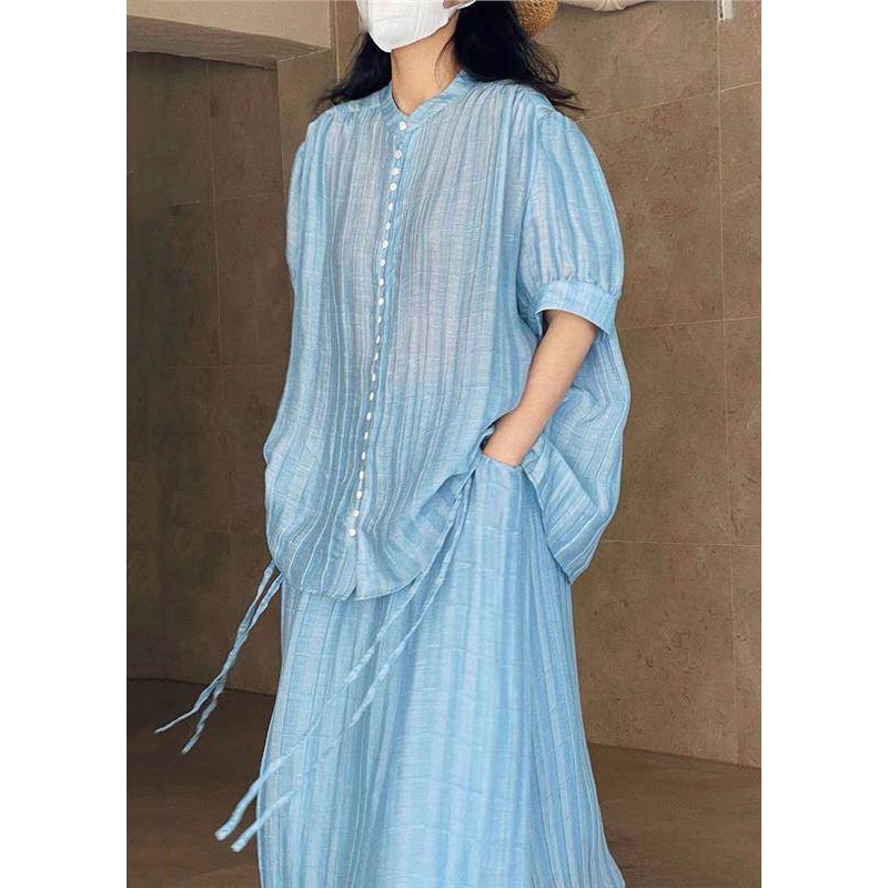 Summer Loose Blue Two Button Skirts Blouses And Set Pieces Solid