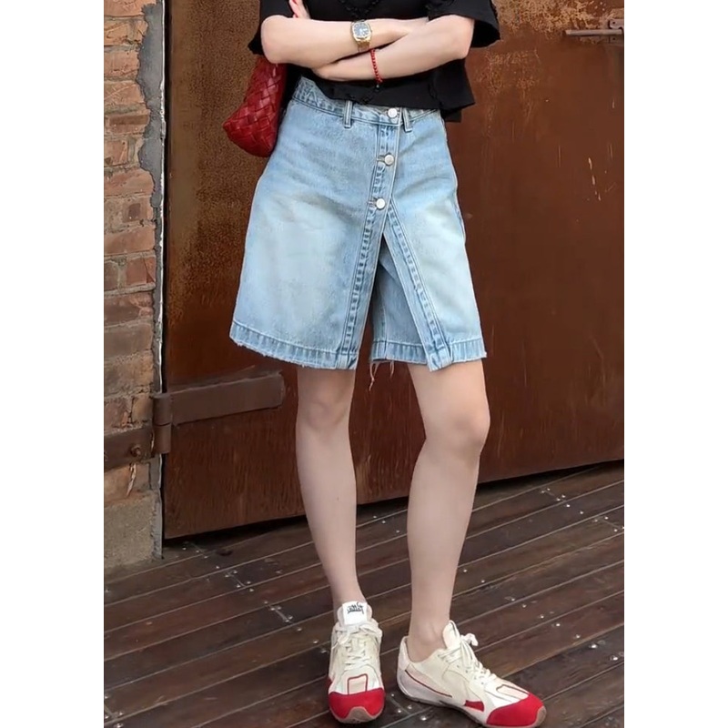 Summer Shorts False Women Denim Two Pieces Button Blue