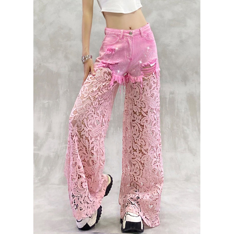 Summer Zircon Pants Lace Out Hollow Chic Patchwork Pink