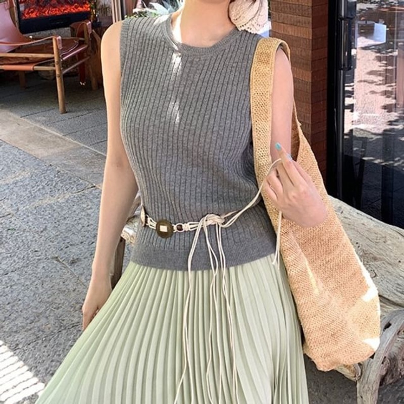 Top Plain Sleeveless Neck Crew Knit Ribbed