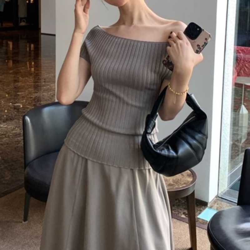 Top Short-Sleeve Knit Shoulder Plain Ribbed Off