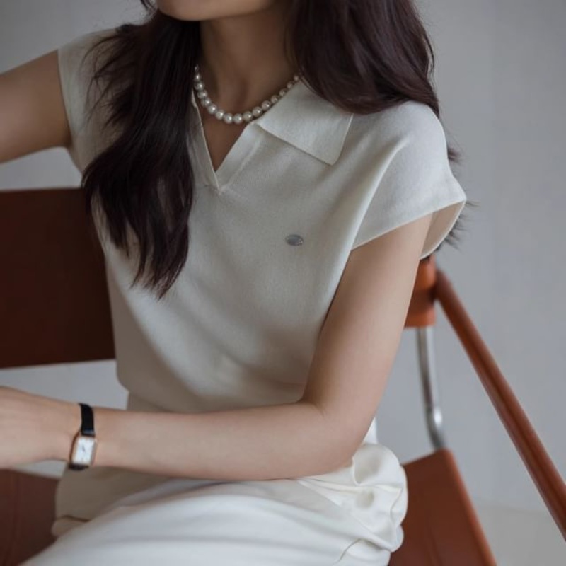 V-Neck Collared Knit Cap-Sleeve Crop Plain Top