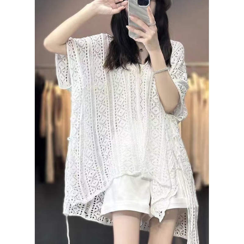 V Shirts Women Hollow Knit Neck T Summer White Out