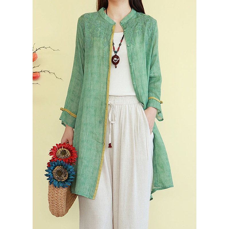 Vintage Linen Thin Button Blouses Patchwork Green