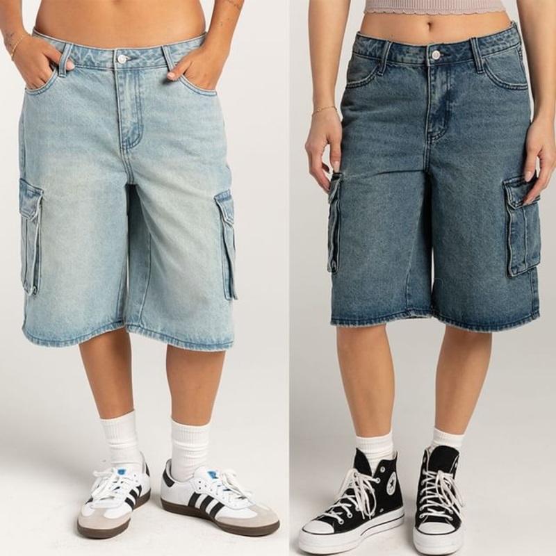 Washed Wide-Leg Pocket Denim Low Waist Shorts
