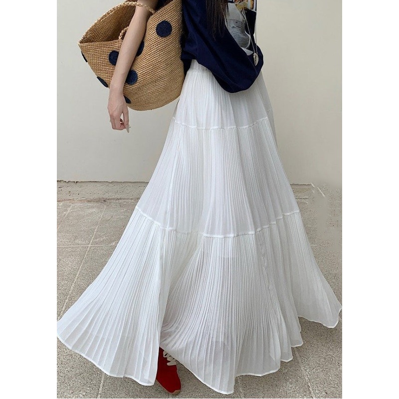 White Solid Maxi Elastic Wrinkled Chiffon Skirts Waist