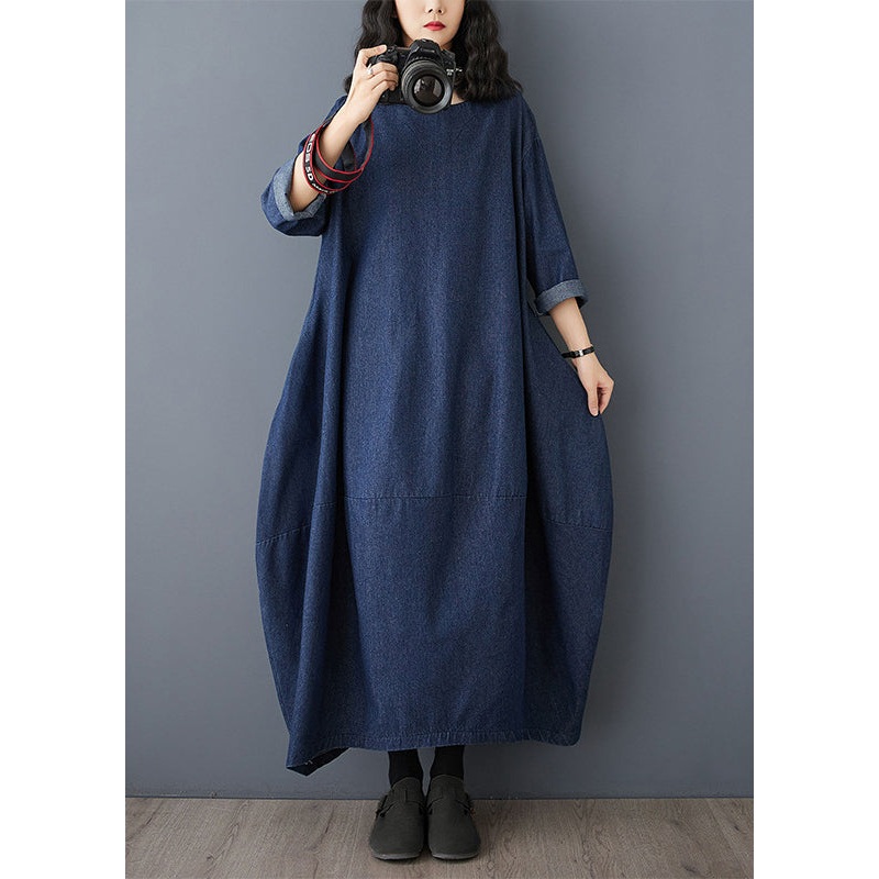 Blue Dress Maxi Vintage O-Neck Denim Sleeve Ruffled