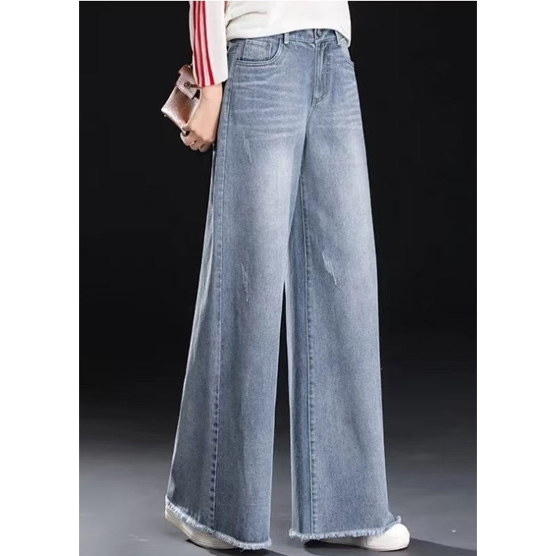 Blue Summer Light Tasseled Women Straight Pants Denim