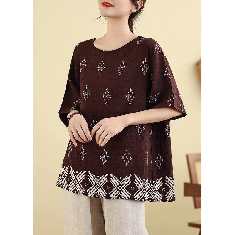 Dark Short Shirt T Sleeve Print Brown Casual