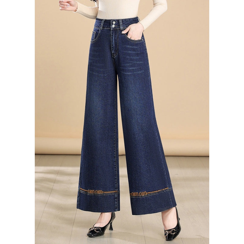 Embroidered Leg Pants Denim Fit Silm Wide Summer Navy