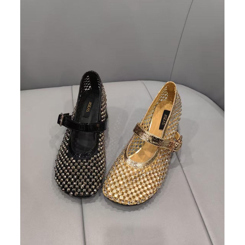 Fashion Black Mesh Zircon Breathable Splicing Chunky Shoes