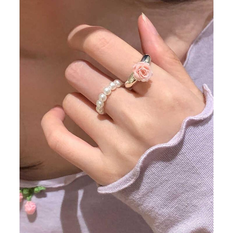 Floral Two-Piece Set Alloy Handmade Rings Pearl