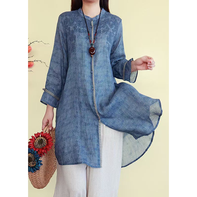 French Linen Blue Embroidered Fall Button Shirts