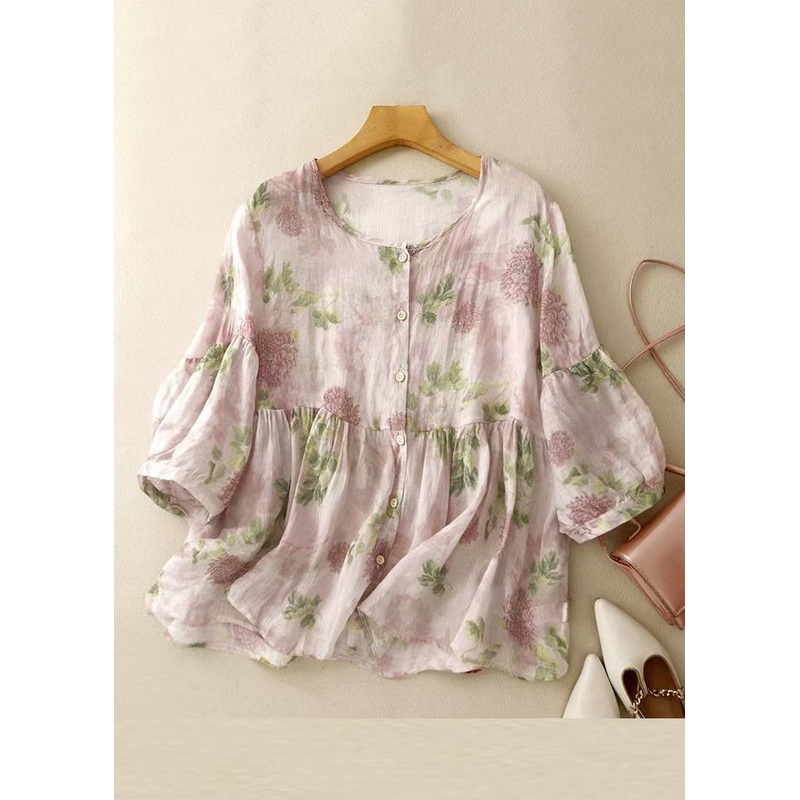 O Button Classy Neck Blouse Sleeve Bracelet Print Pink Cotton