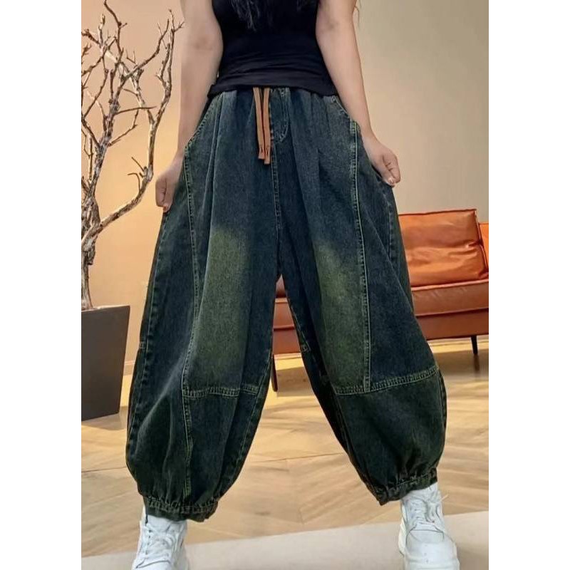 Pockets Waist Lantern Elastic Handmade Patchwork Green Pants