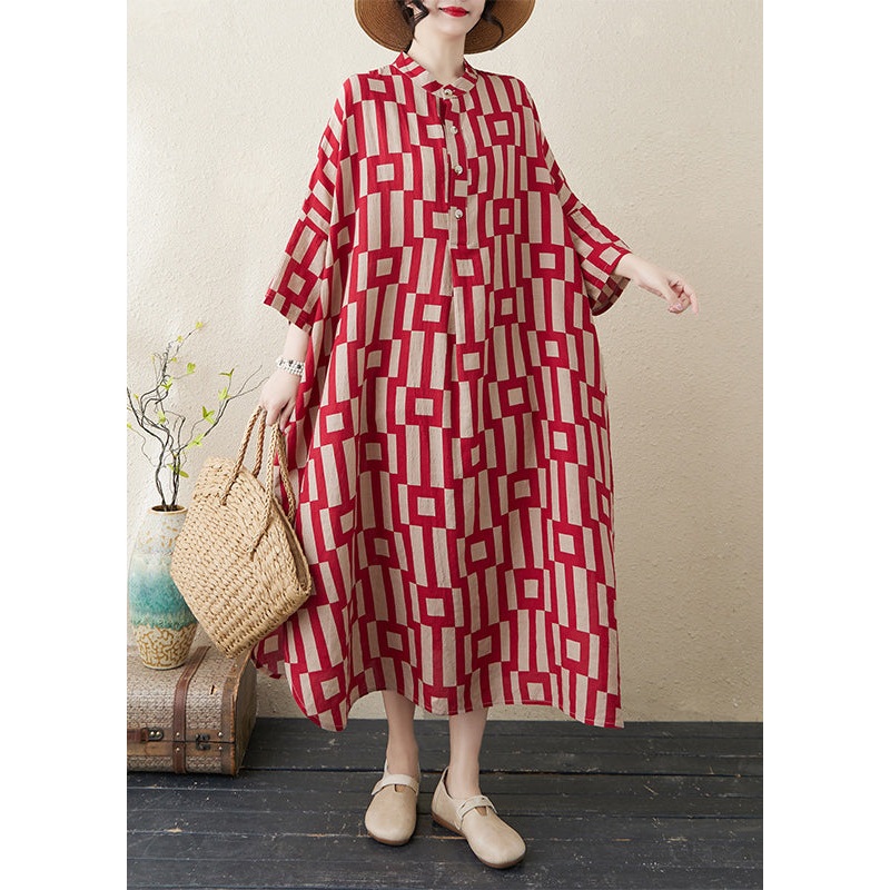 Red Side Open Collar Stylish Stand Striped Bracelet Dress Long