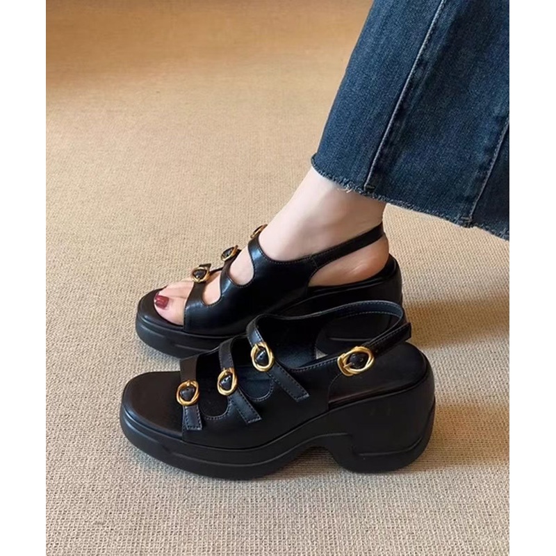 Toe Splicing Peep Black New Sandals Platform Leather Faux