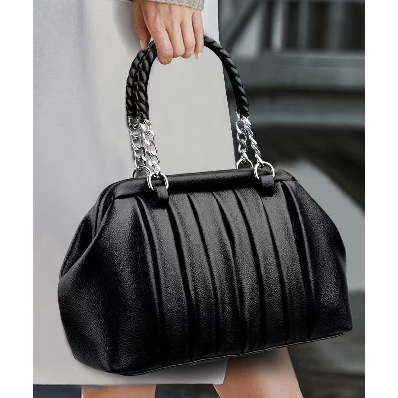 Tote Bag Black Calf Leather Wrinkled Durable Boutique