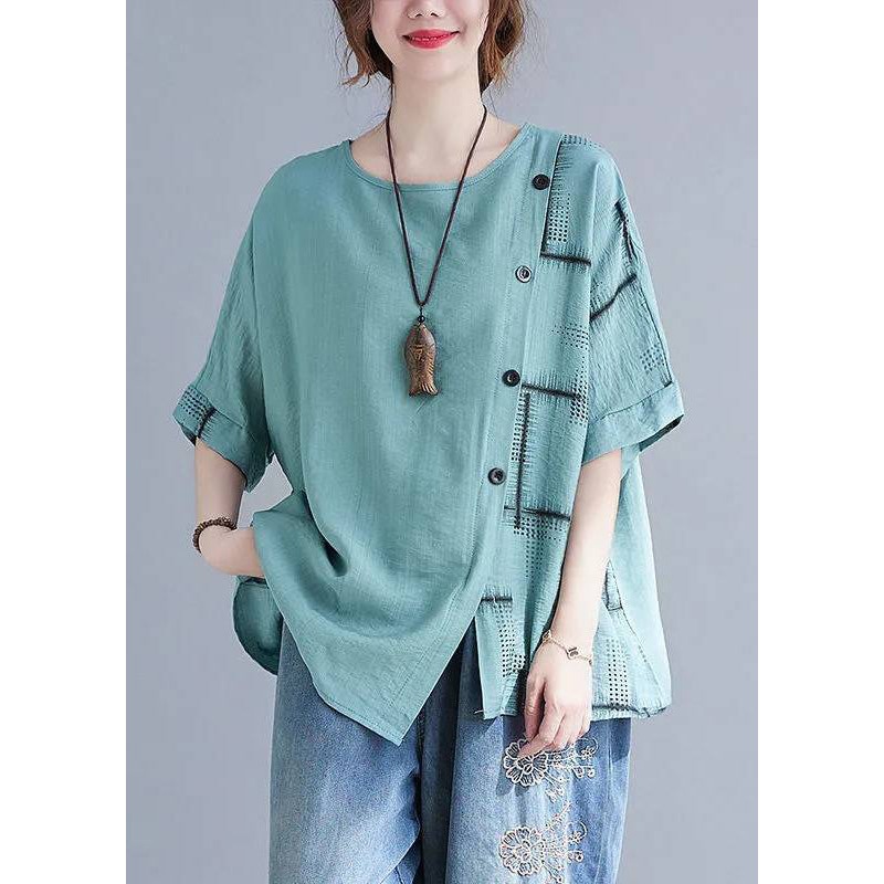 Turquoise Summer Natural Asymmetrical Plaid Tops
