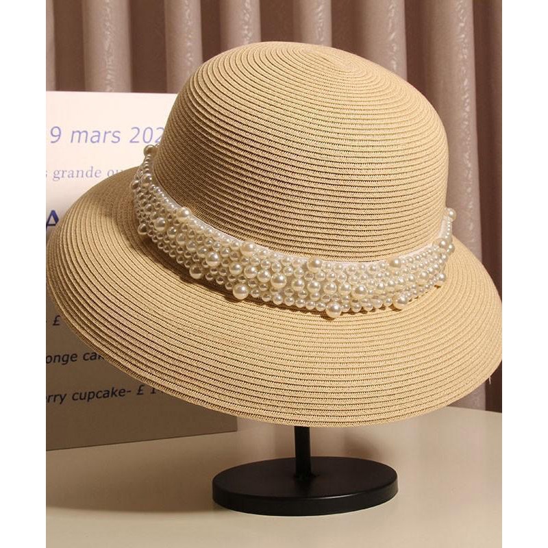 Woven Nail French Summer Bead Beige Straw Cloche Hat