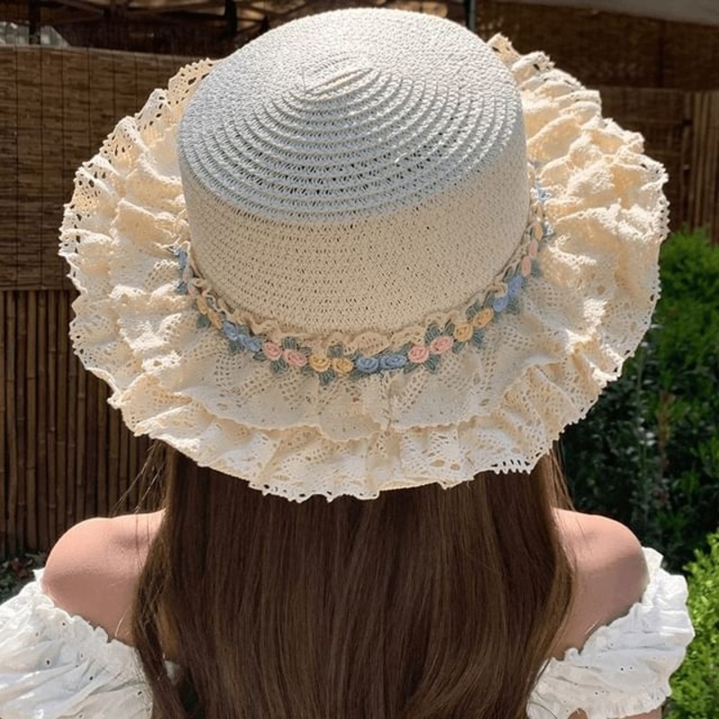 Applique Ruffle Floral Hat|Beige|Khaki|Milky White|Pink|M