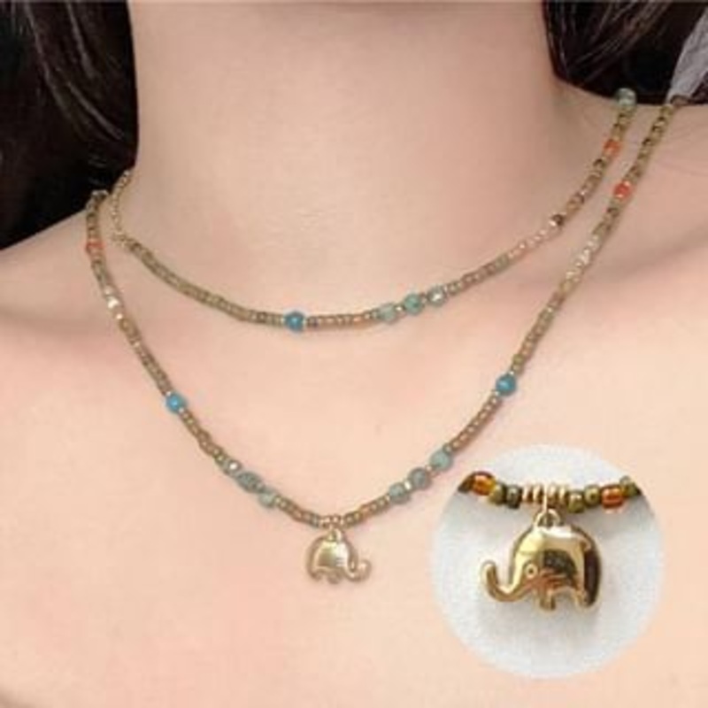 Beaded / Necklace Elephant|With Elephant Pendant – Blue & Green & Red|Without Pendant – Blue & Green & Red|One Size