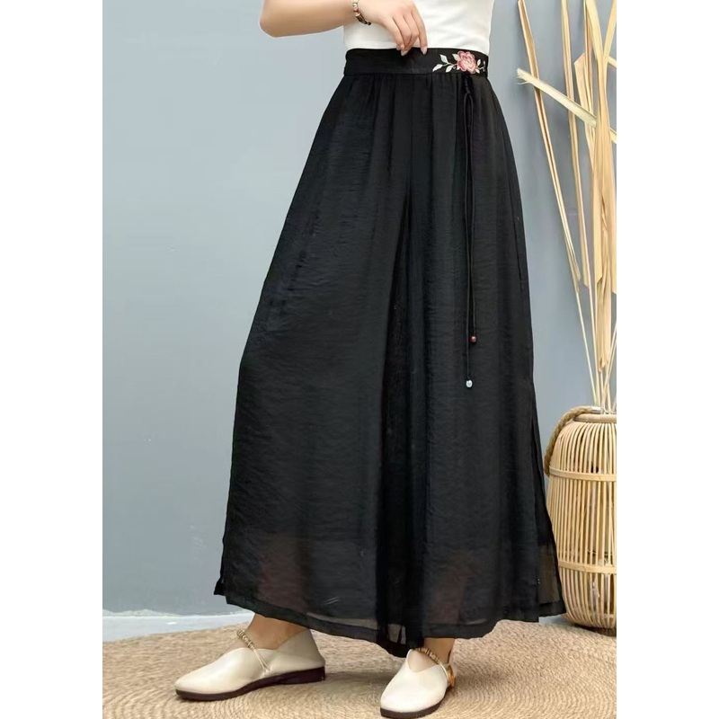Black Women Summer Embroidered Wide Linen Leg Pants Tasseled