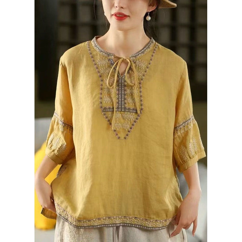 Blouses Embroidered Linen Casual Tie Sleeve Neck Yellow Half