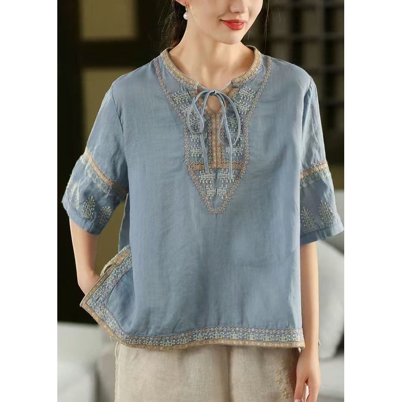 Blue Top Half Stylish Sleeve Linen Open Embroidered Side