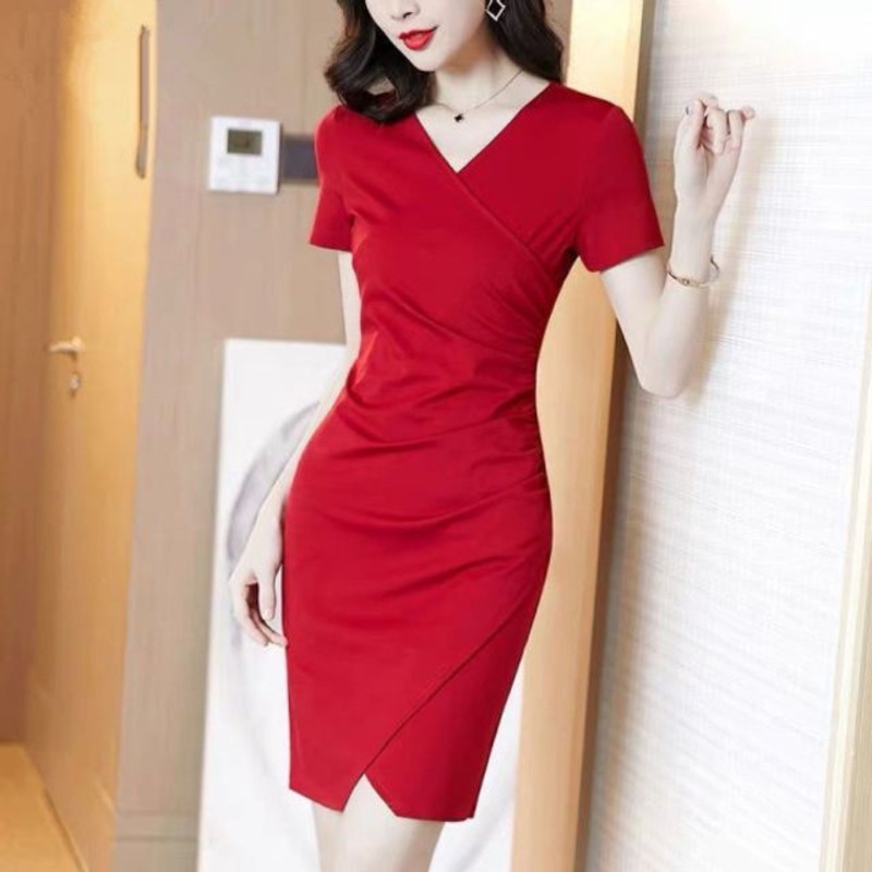 Bodycon Dress Short-Sleeve Plain V-Neck Wrap Mini