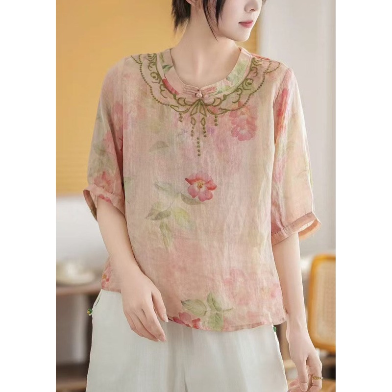 Chinese Top Style Print Summer Pink Linen Vintage