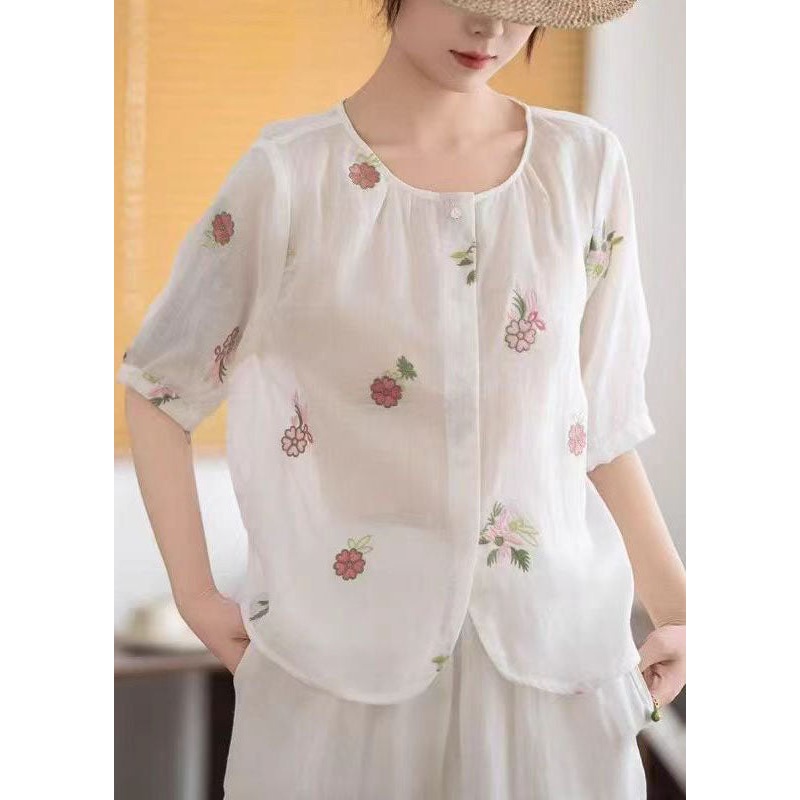 Embroidered Half Sleeve White Simple Shirt Linen